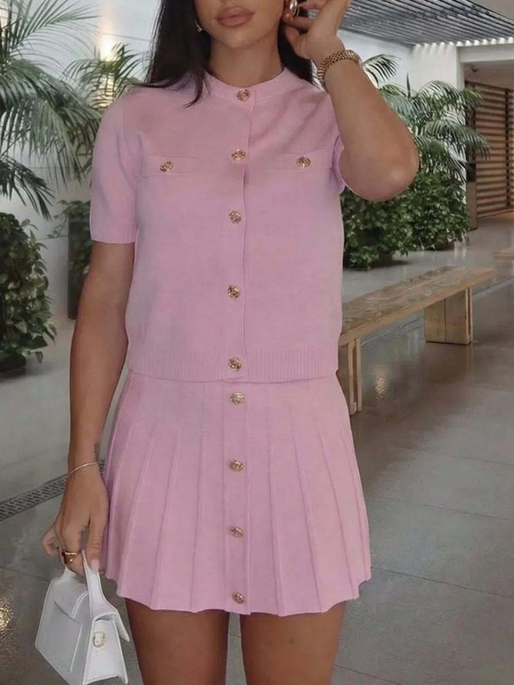 Pink Elegant Women's Short Sleeve Knit Sweater & Pleated Skirt 2-Piece Set